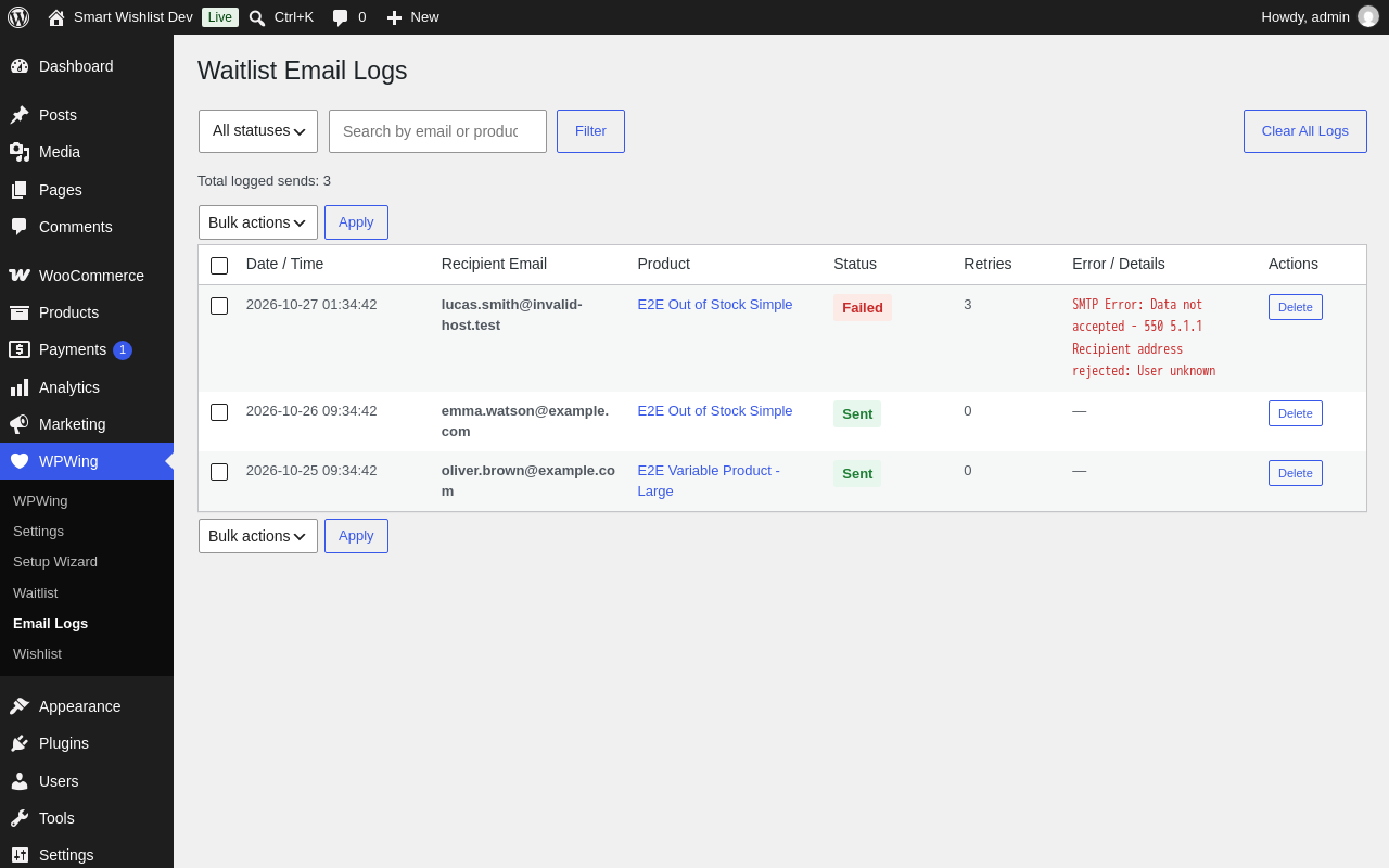 Admin Email Logs screen - delivery status tracking, retry count, and failure details.