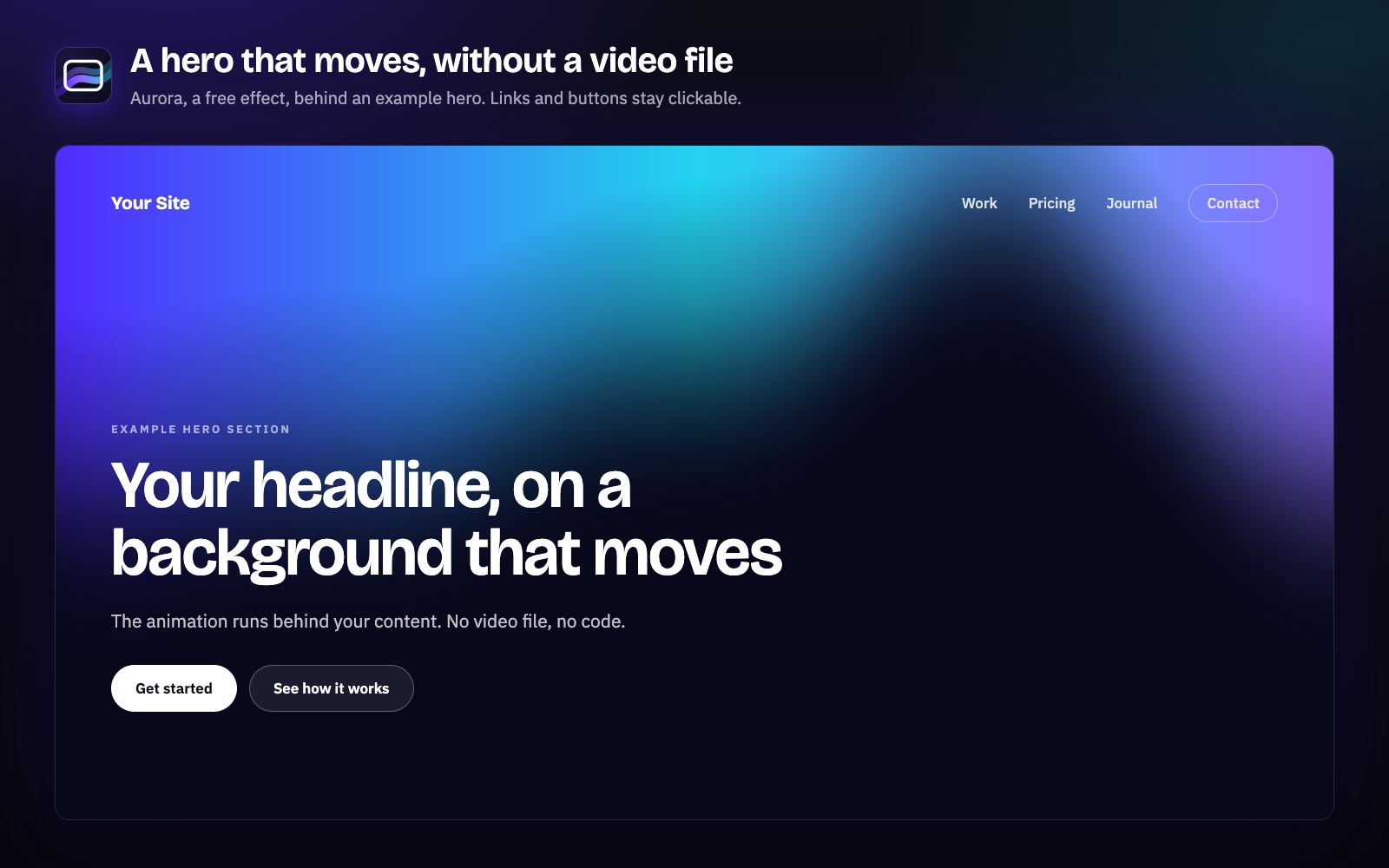 Aurora, a free effect, behind an example hero section. The background is the plugin's real output; the page content is sample text.