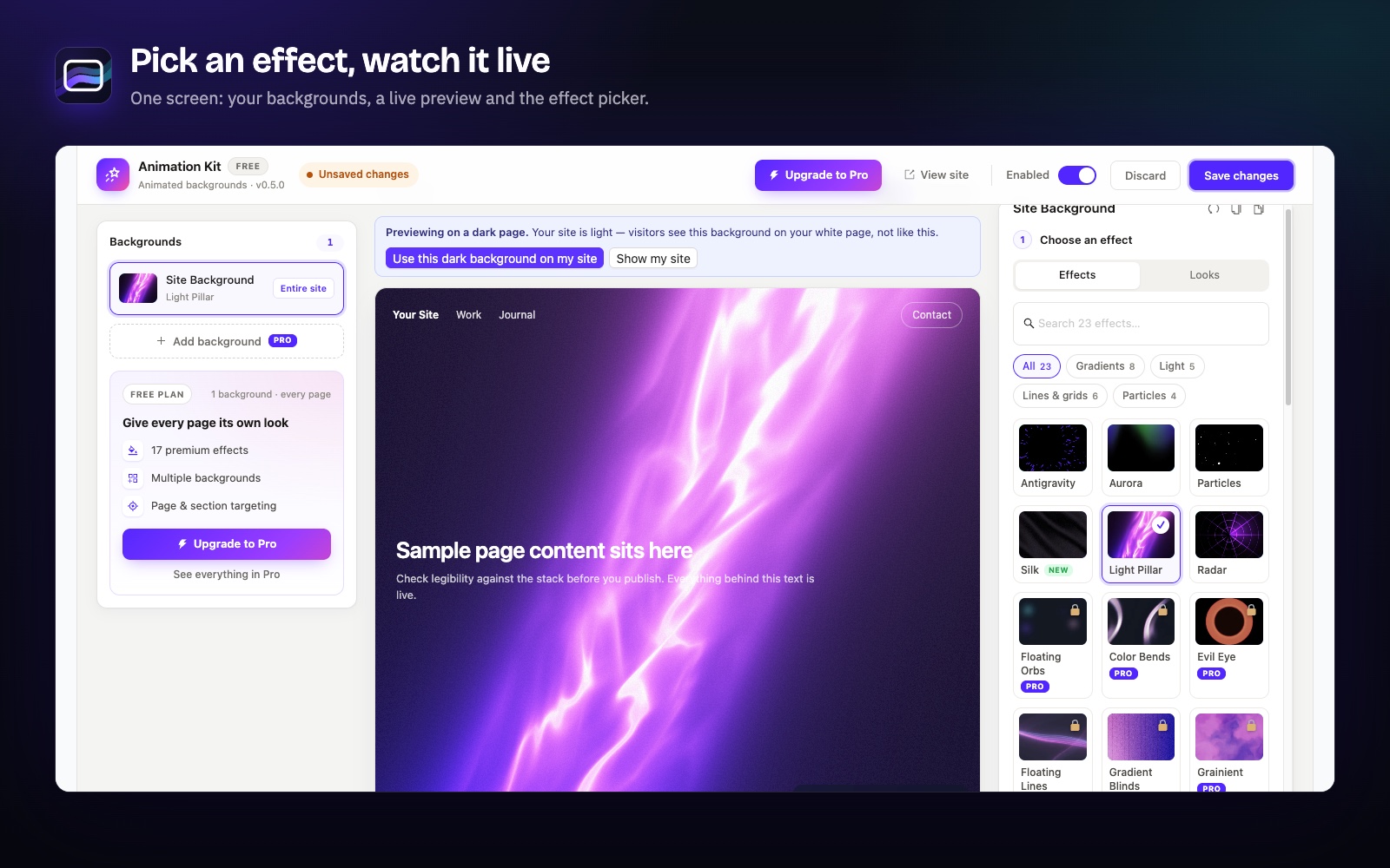 The Background Animation screen: your backgrounds, a live preview and the effect picker.