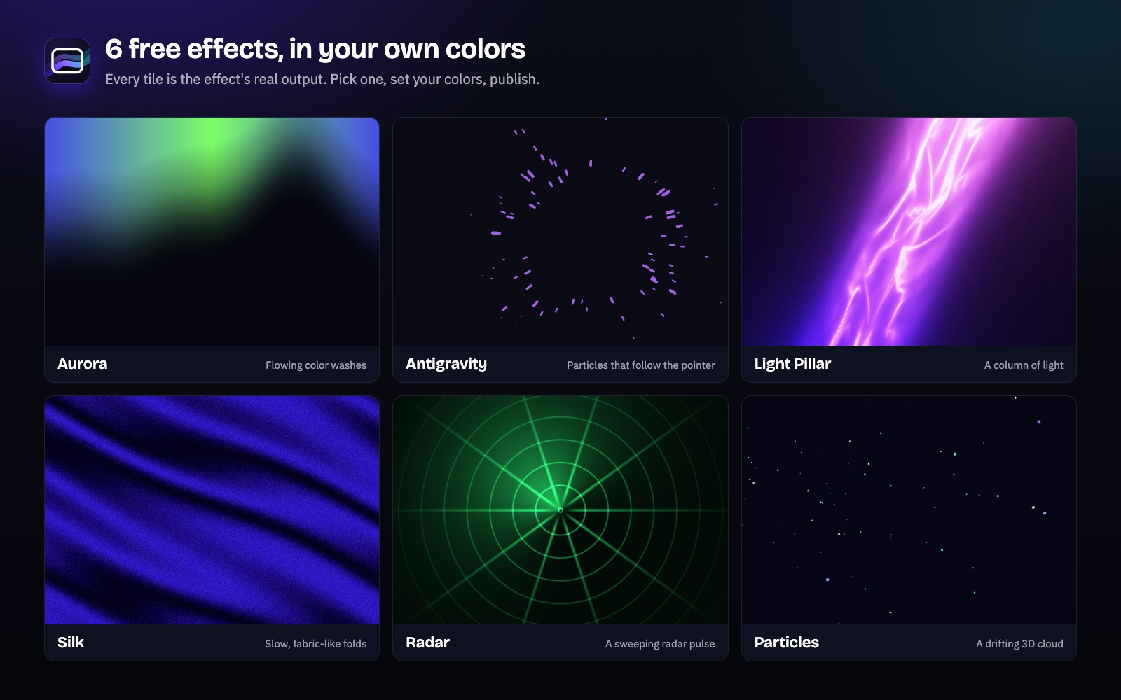 The 6 free effects: Aurora, Antigravity, Light Pillar, Silk, Radar and Particles.