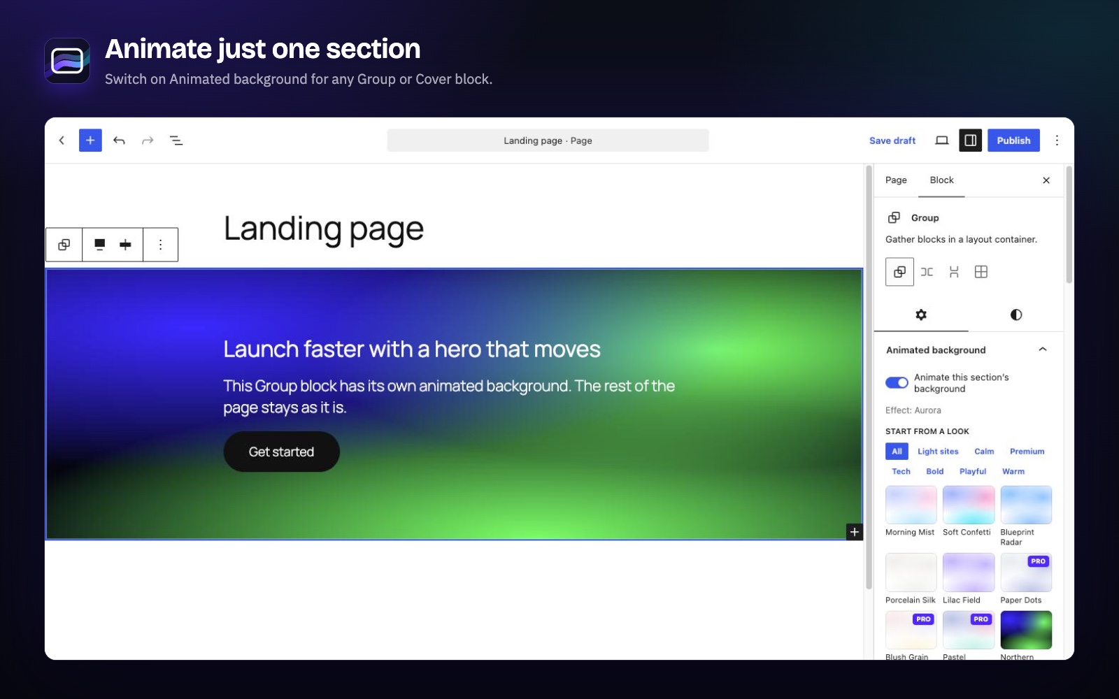 A section background in the block editor: the Animated background panel on a Group block.