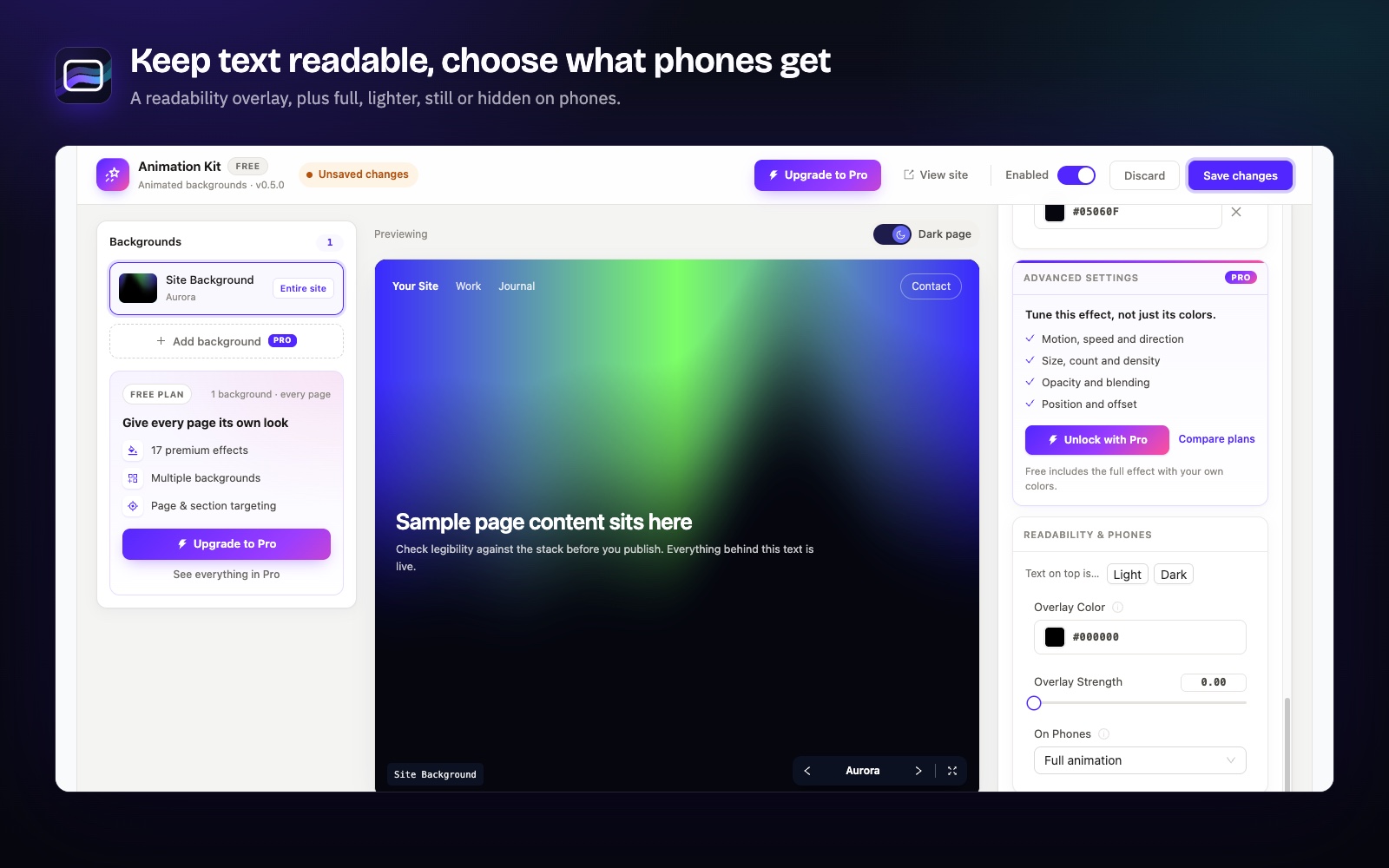 Readability overlay and the On phones setting for a background.