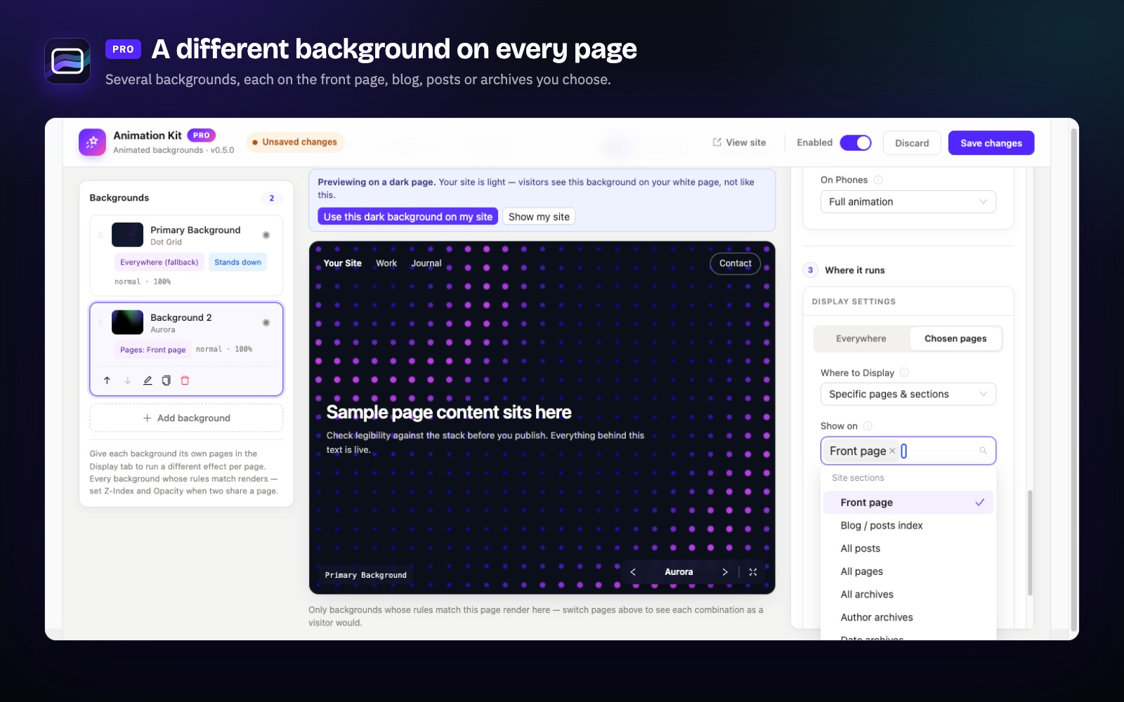 Pro: several backgrounds, each shown on the pages you choose.