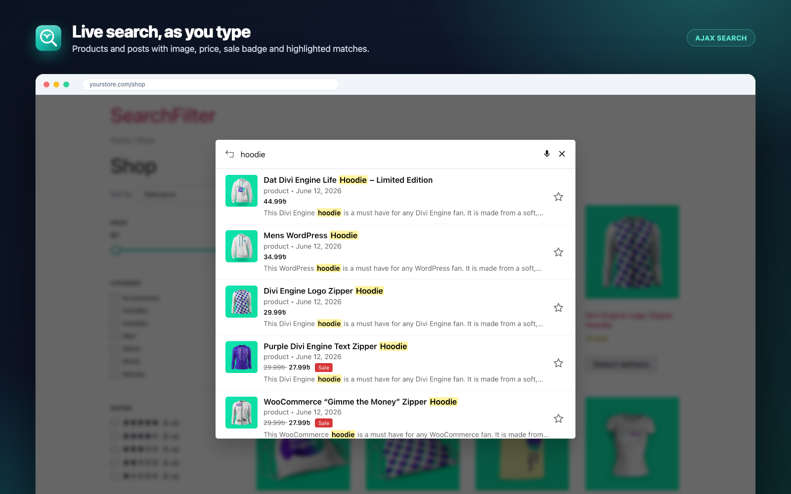 Live search — products and posts appear as the visitor types, with image, price, sale badge and highlighted matches.