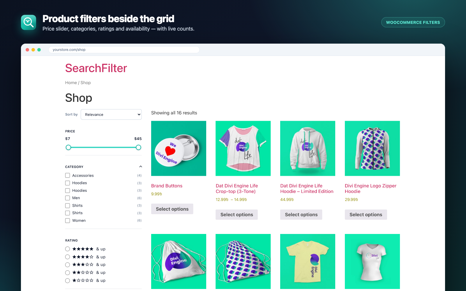 Product filters in a sidebar beside the shop grid — price slider, categories, ratings and availability with live counts.