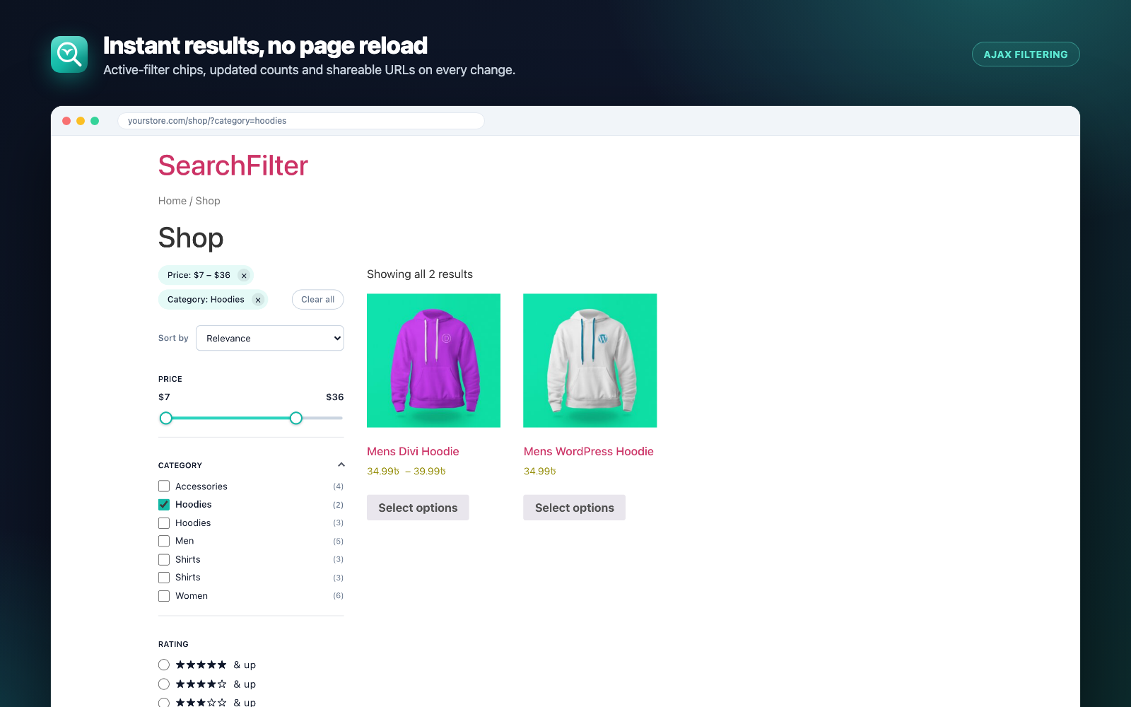 Filters applied without a page reload — active-filter chips, updated counts and a shareable URL.