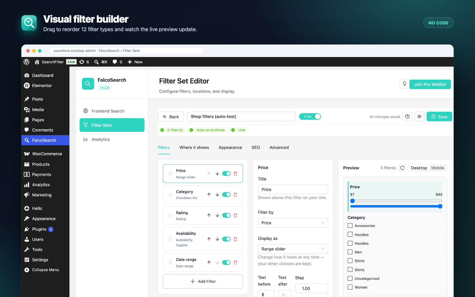 Visual filter builder — reorder 12 filter types, configure each one and see a live preview.
