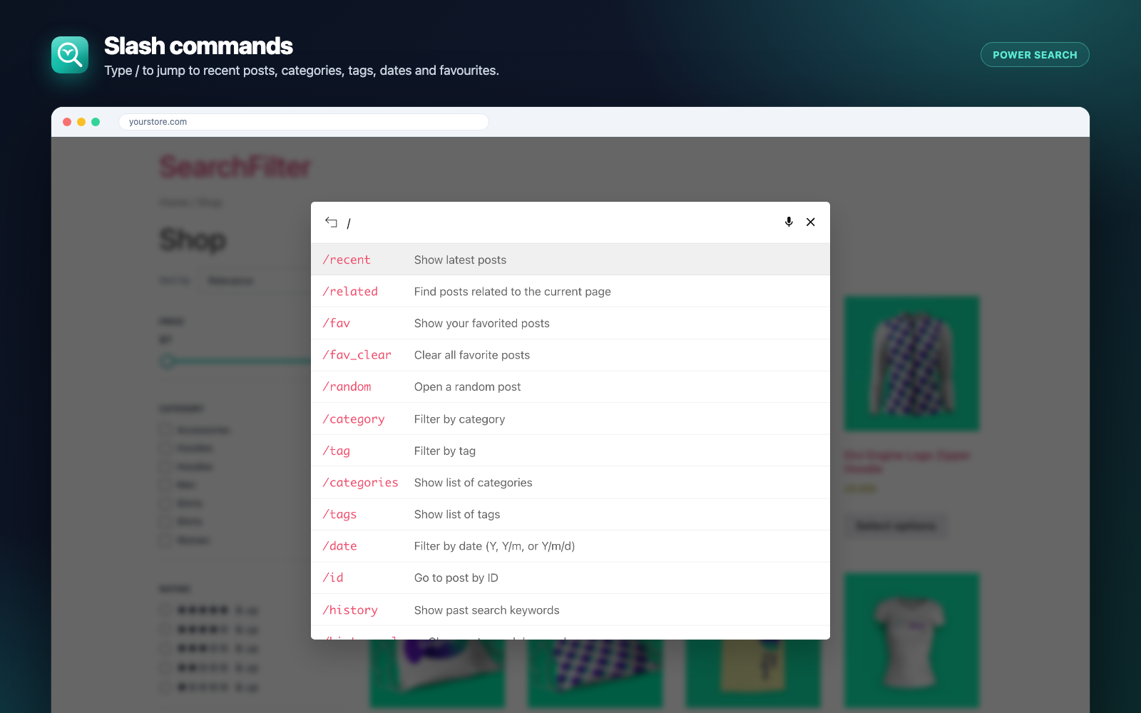 Slash commands — type / to jump to recent posts, categories, tags, dates and favorites.