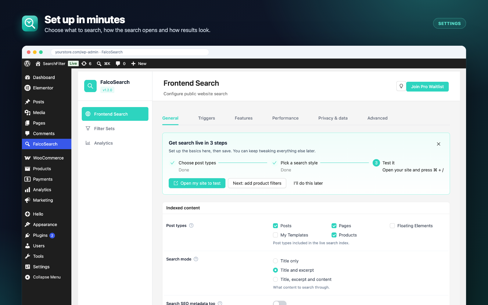 Search settings — choose what is searched, how the search opens and how results look.