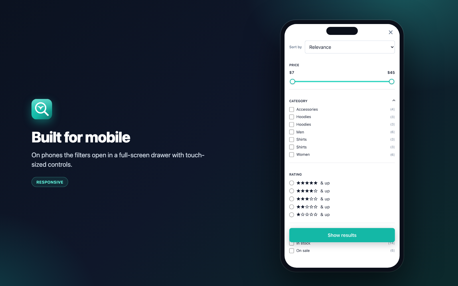 Mobile — filters open in a full-screen drawer with touch-sized controls.