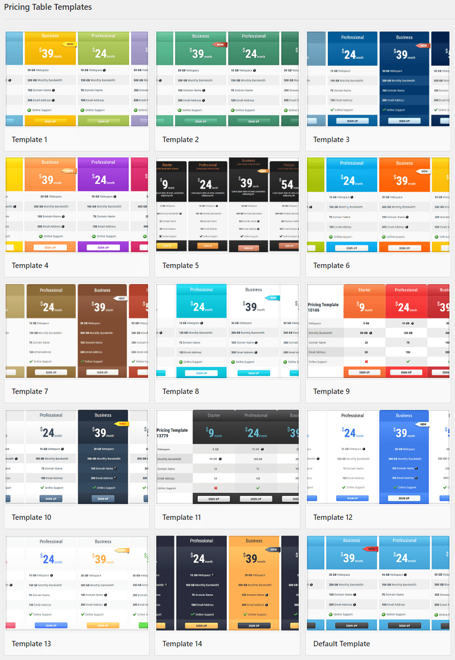 Pricing Table 15 ready-made templates.