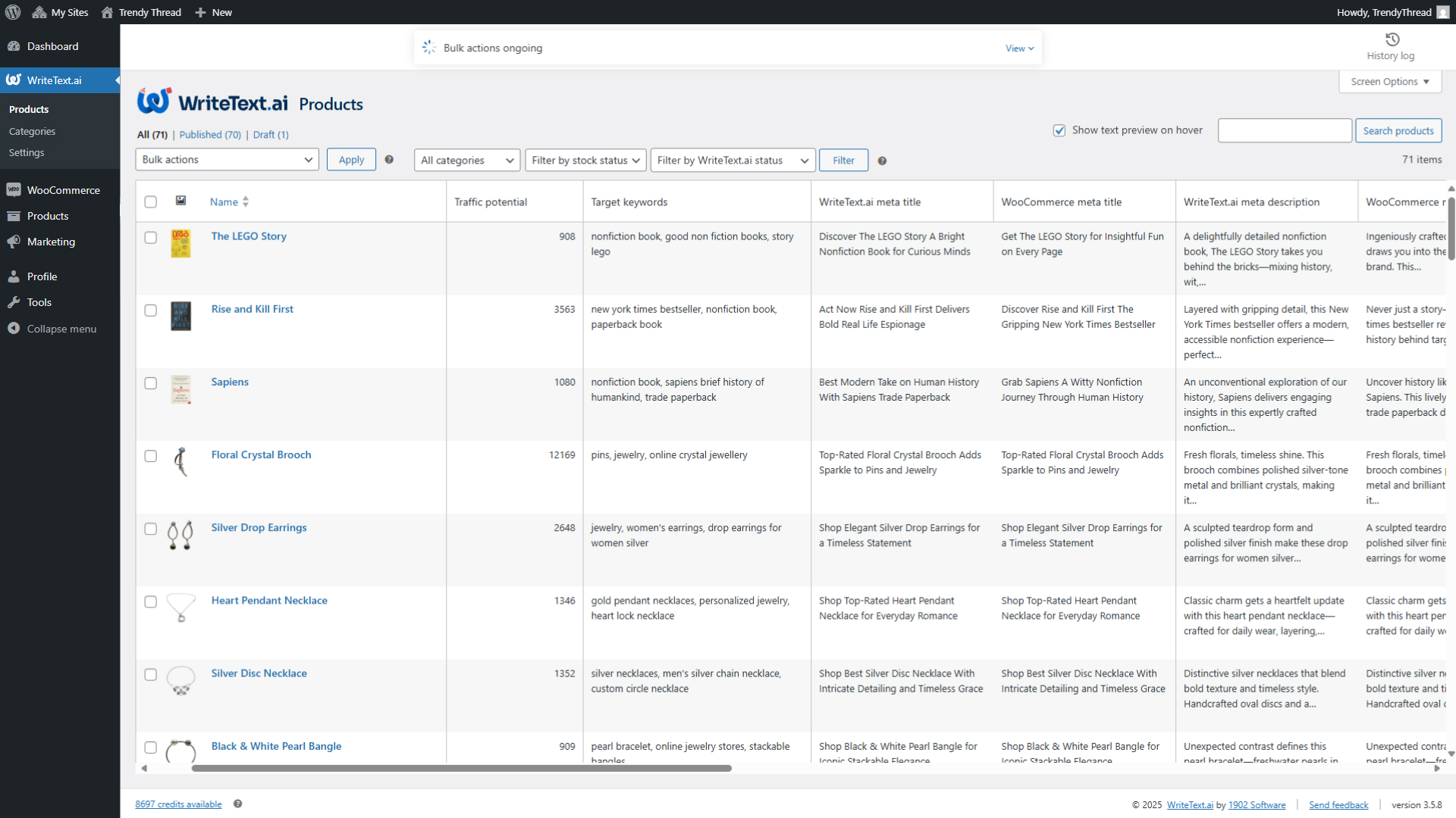 Get an overview of your products and their corresponding texts.