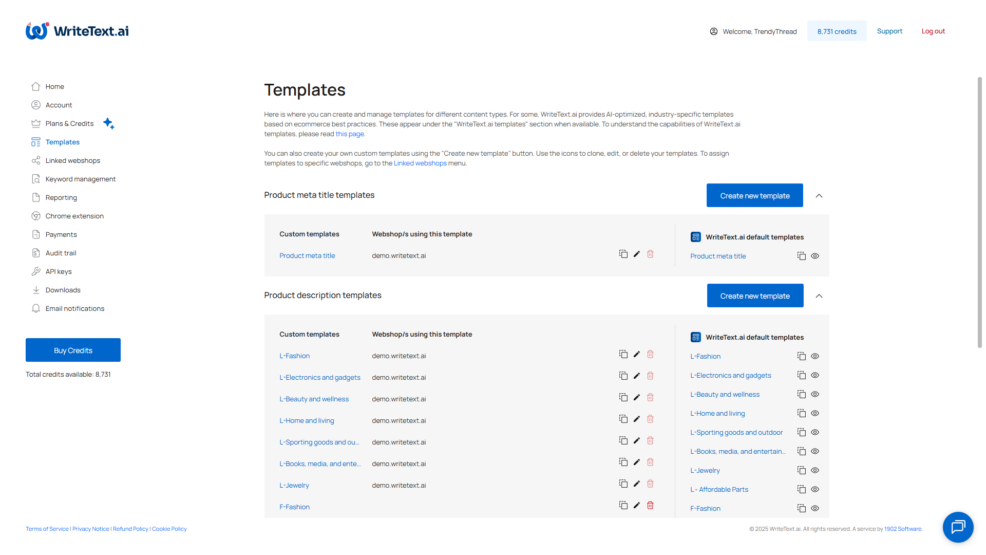 Build reusable templates with structured sections such as intros, features, specs and FAQs.