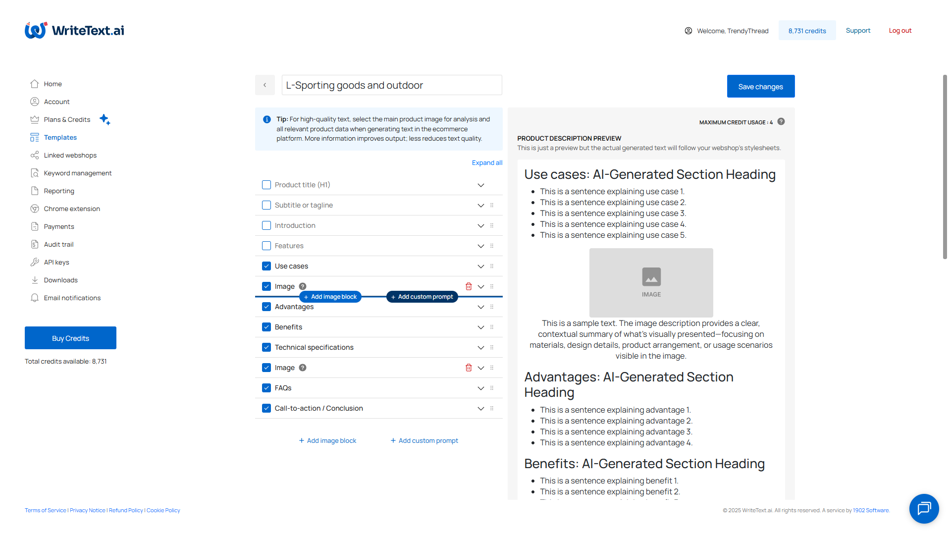 Apply custom prompts and insert image blocks to create richer, more tailored templates.