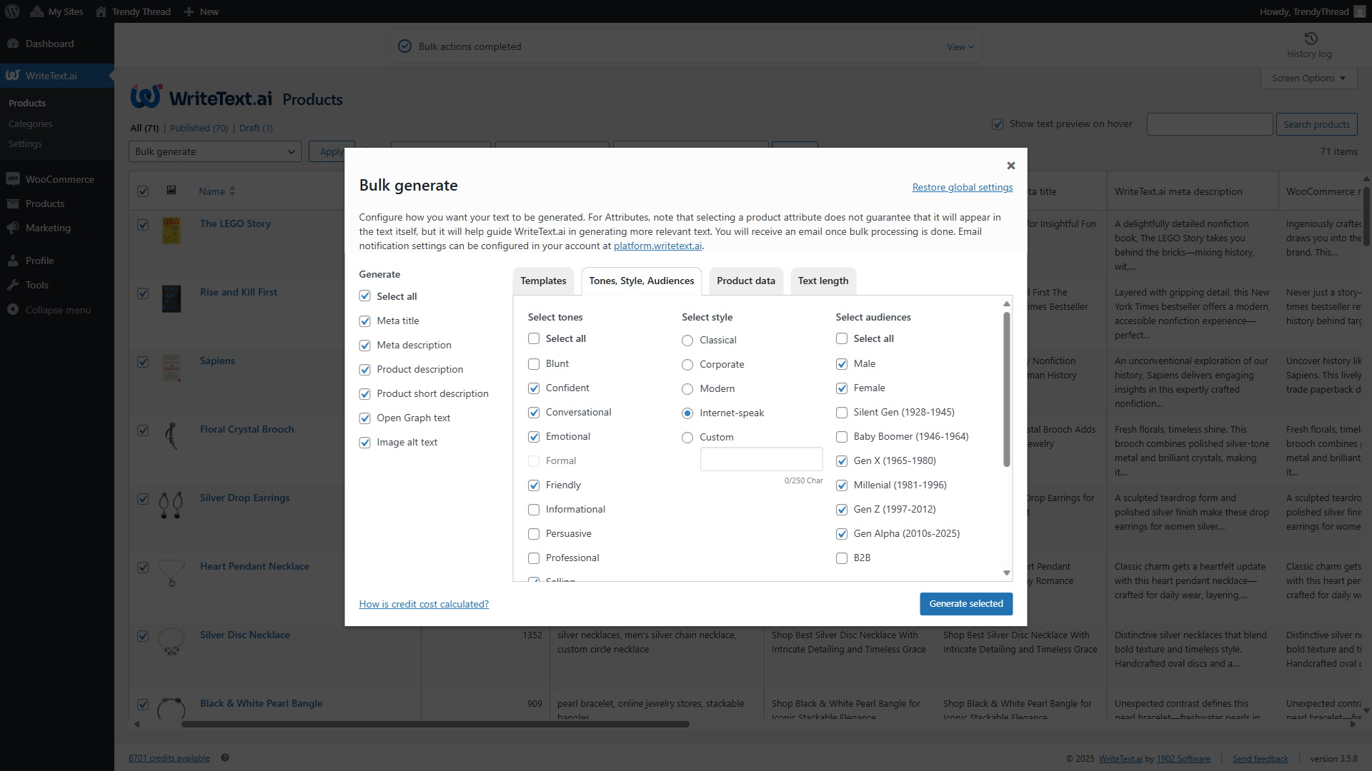 Configure bulk generation with shared tone, style, audience, and special instructions.