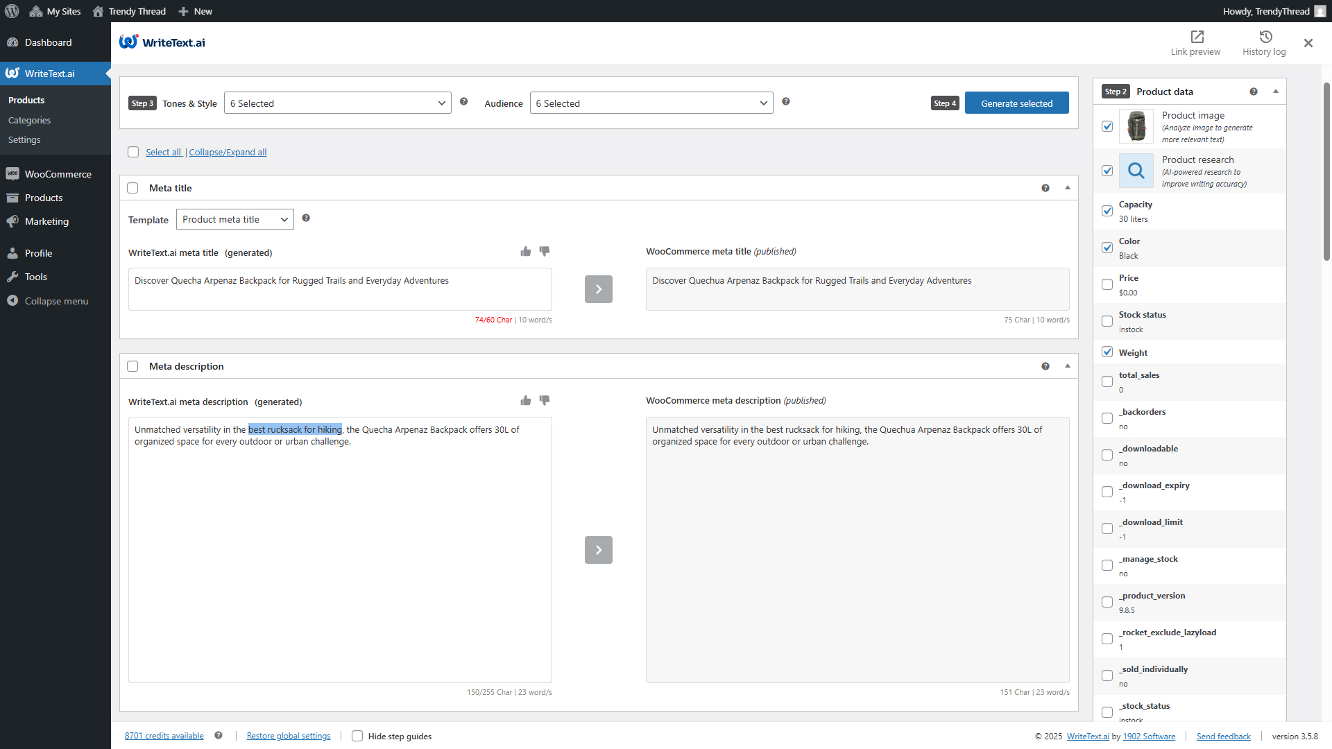 Edit single products with options for additional prompts, product details, and keyword settings.