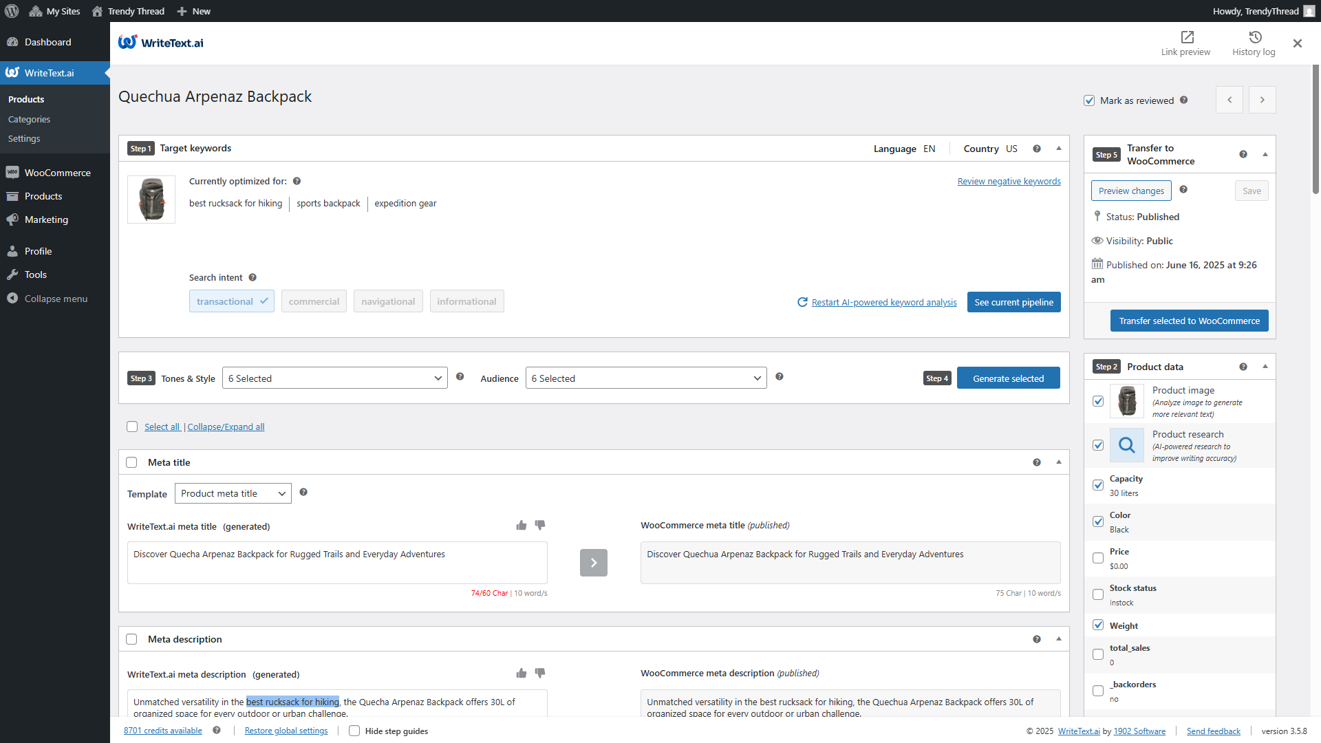 Run AI-powered keyword analysis to discover and apply high-potential keywords.