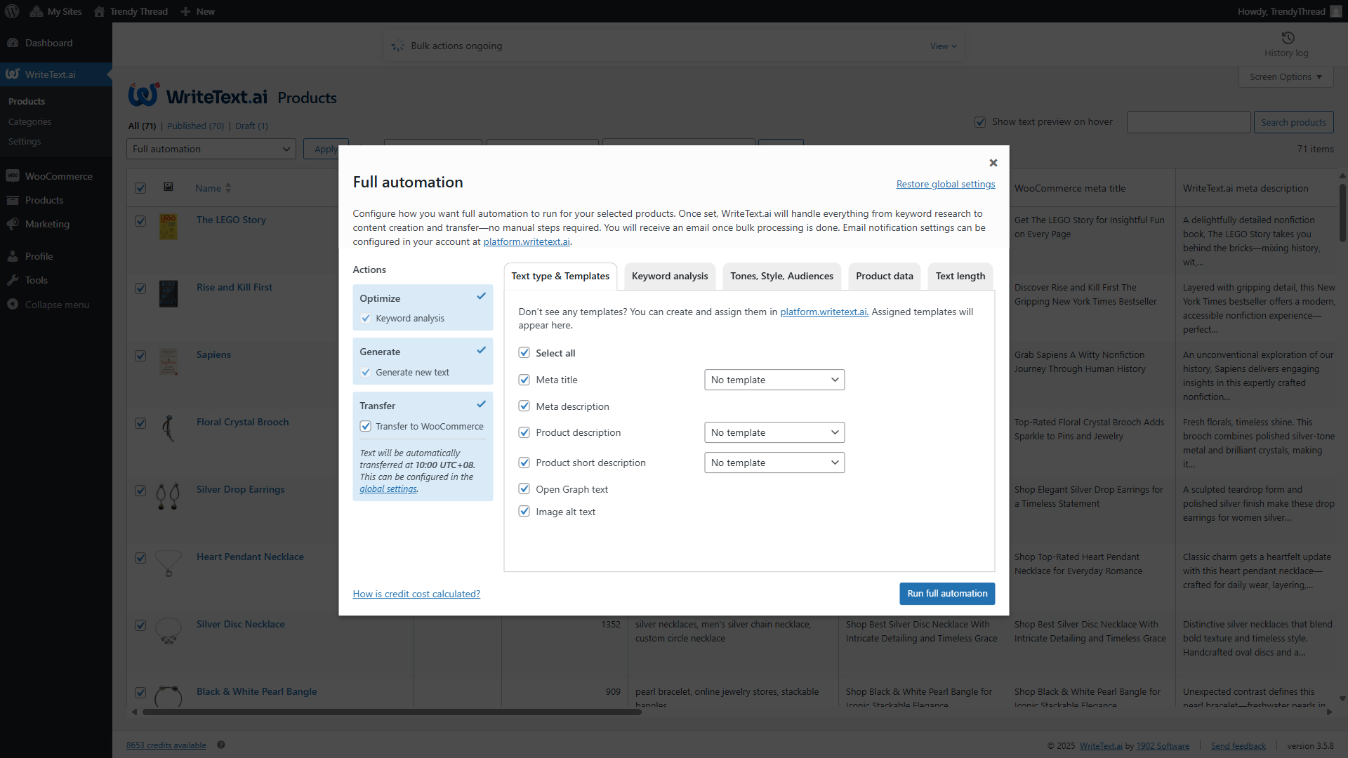 Enable full automation to go from keyword analysis to content generation and transfer into WooCommerce.