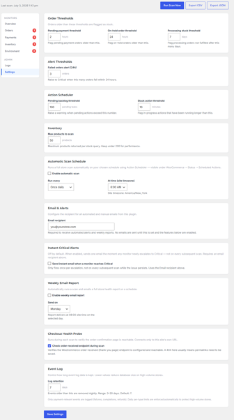 Settings tab — thresholds, automatic scan schedule, and alert configuration.