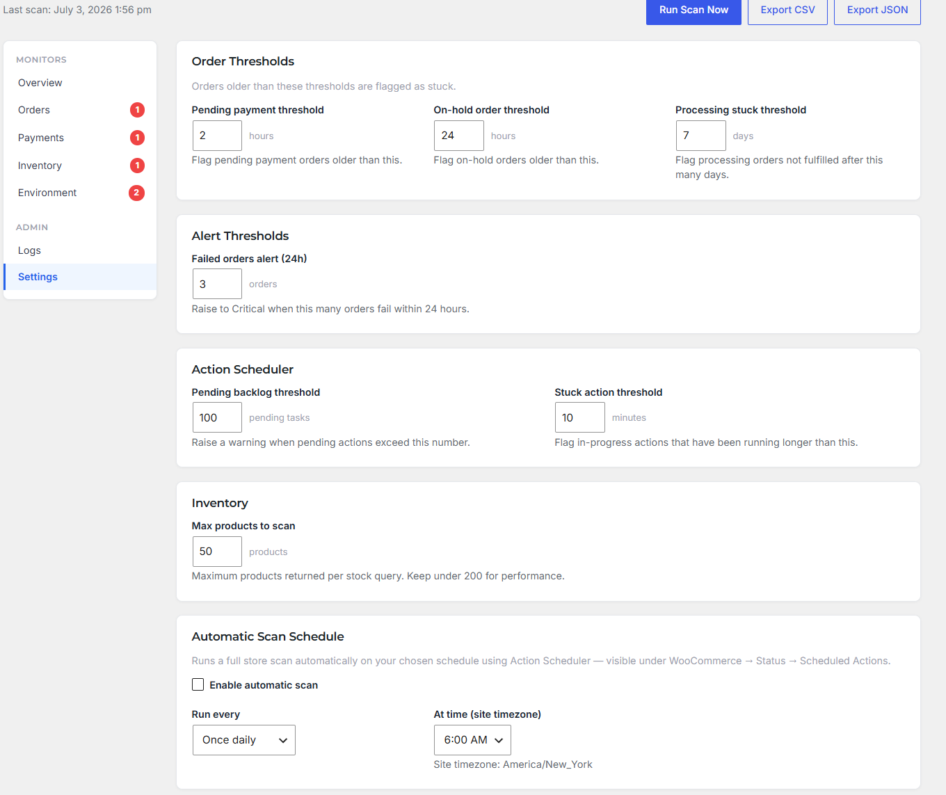 Environment tab — system information, HPOS status, Action Scheduler, and WP-Cron health.