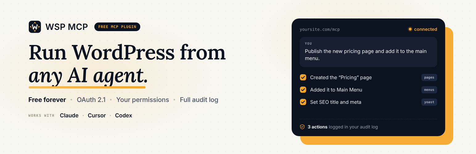 WordPress 外掛 WSP MCP – Free MCP Plugin for WordPress: Connect Claude, ChatGPT & AI Agents 的封面圖片
