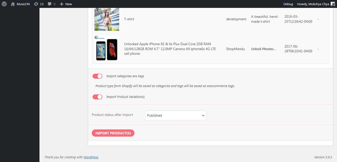 import tags & categories