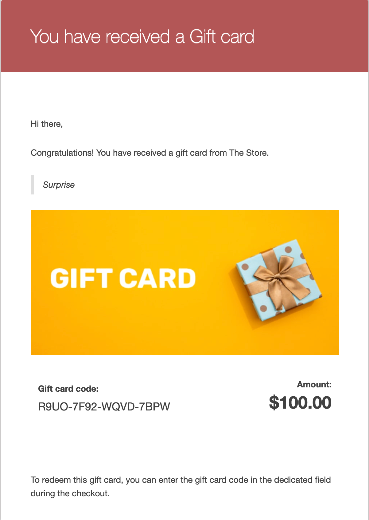 Gift card received on the email