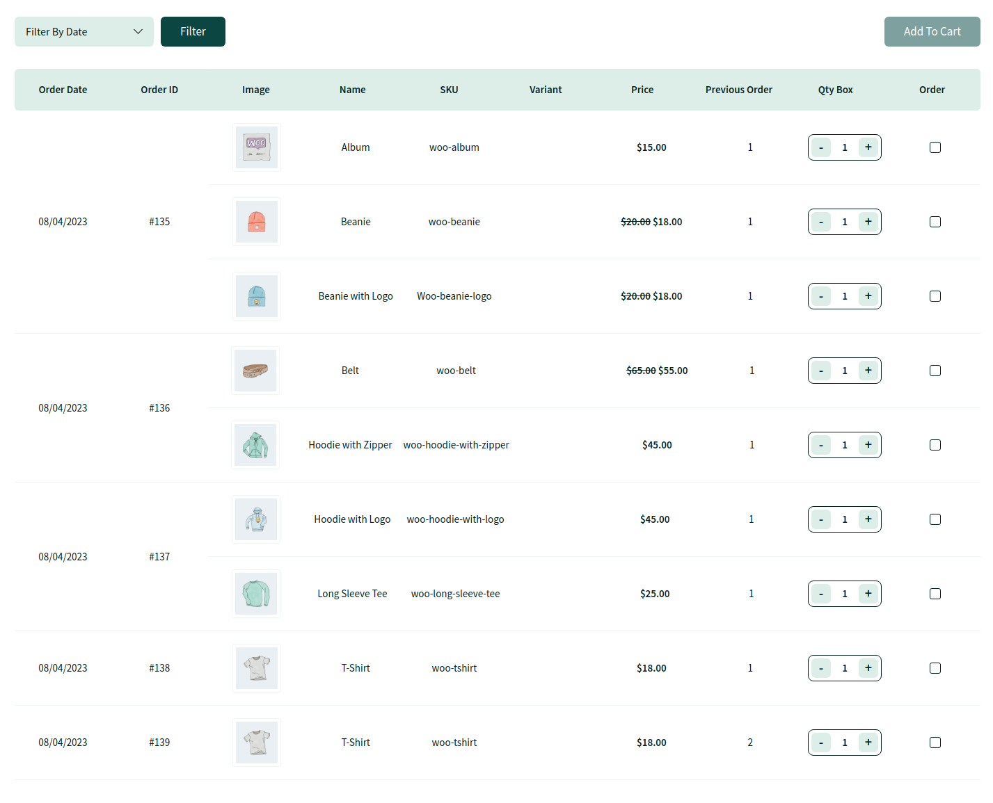 Quick Reorder Frontend Table View