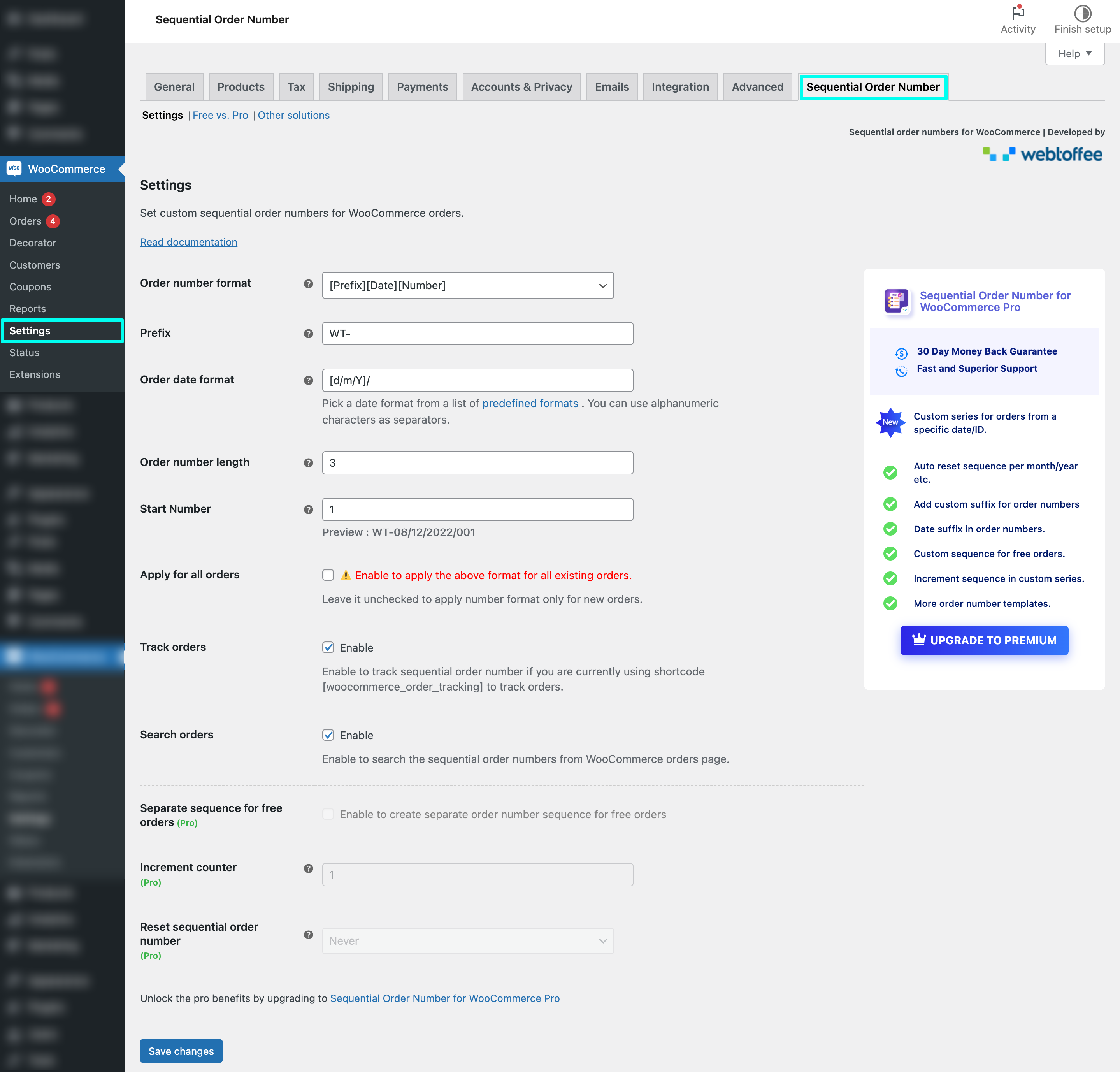 WooCommerce sequential order number settings