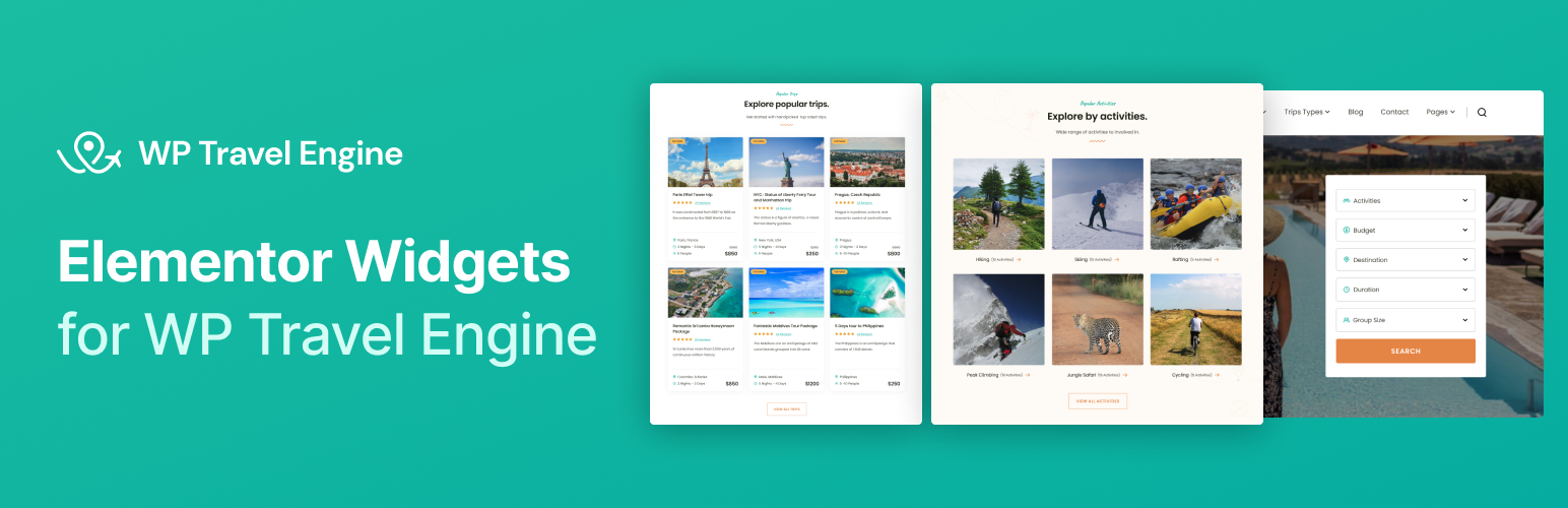 WordPress 外掛 WP Travel Engine – Elementor Widgets | Create Travel Booking Website Using WordPress and Elementor 的封面圖片。