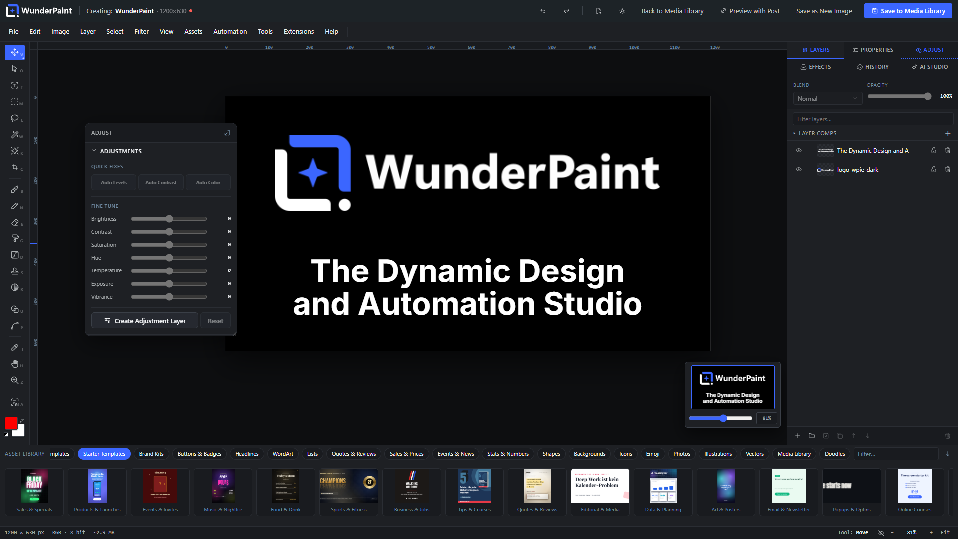 The editor: a full layer-based design and automation studio inside the WordPress Media Library.