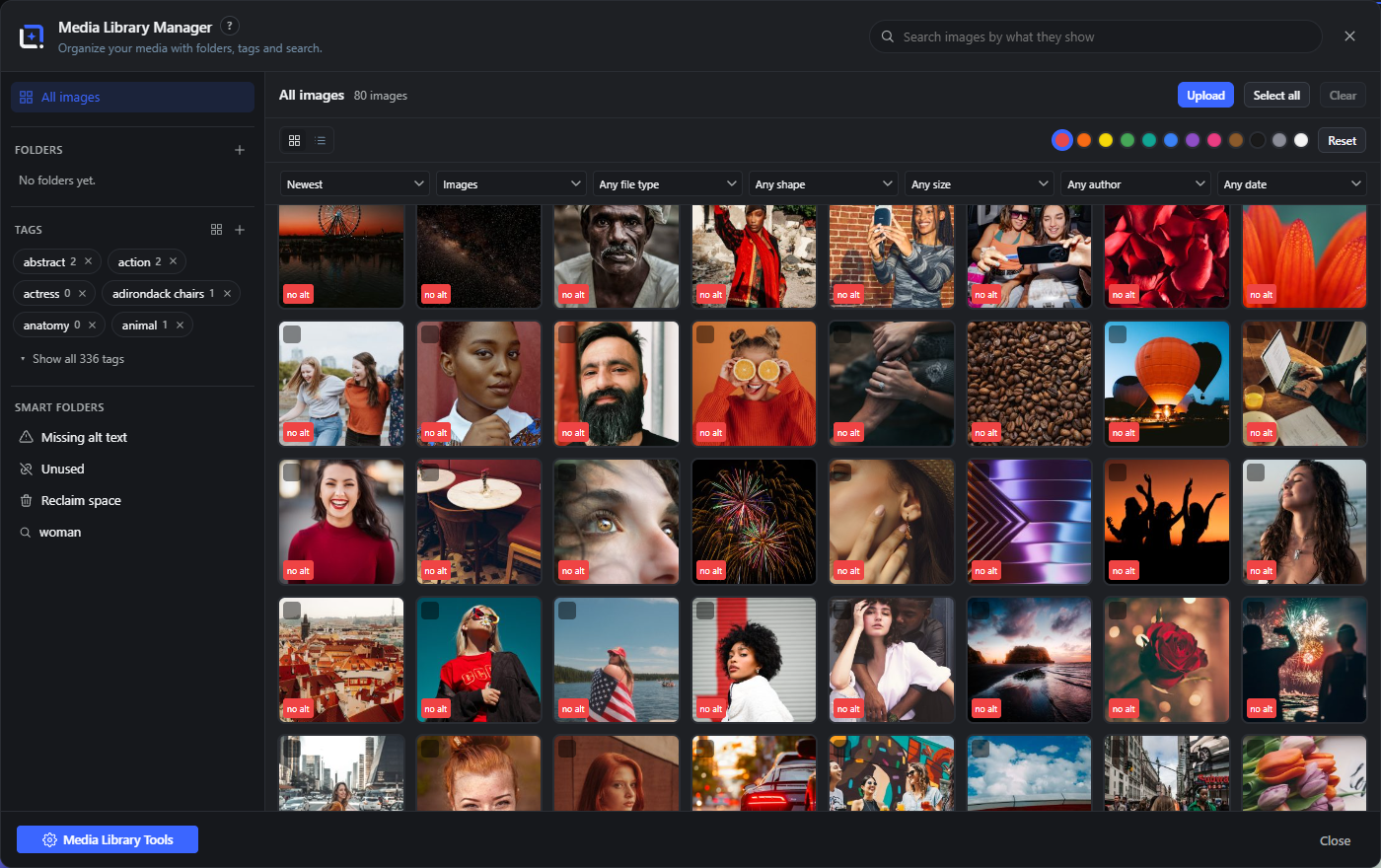 The Media Library Manager: folders, tags, semantic search and bulk tools.