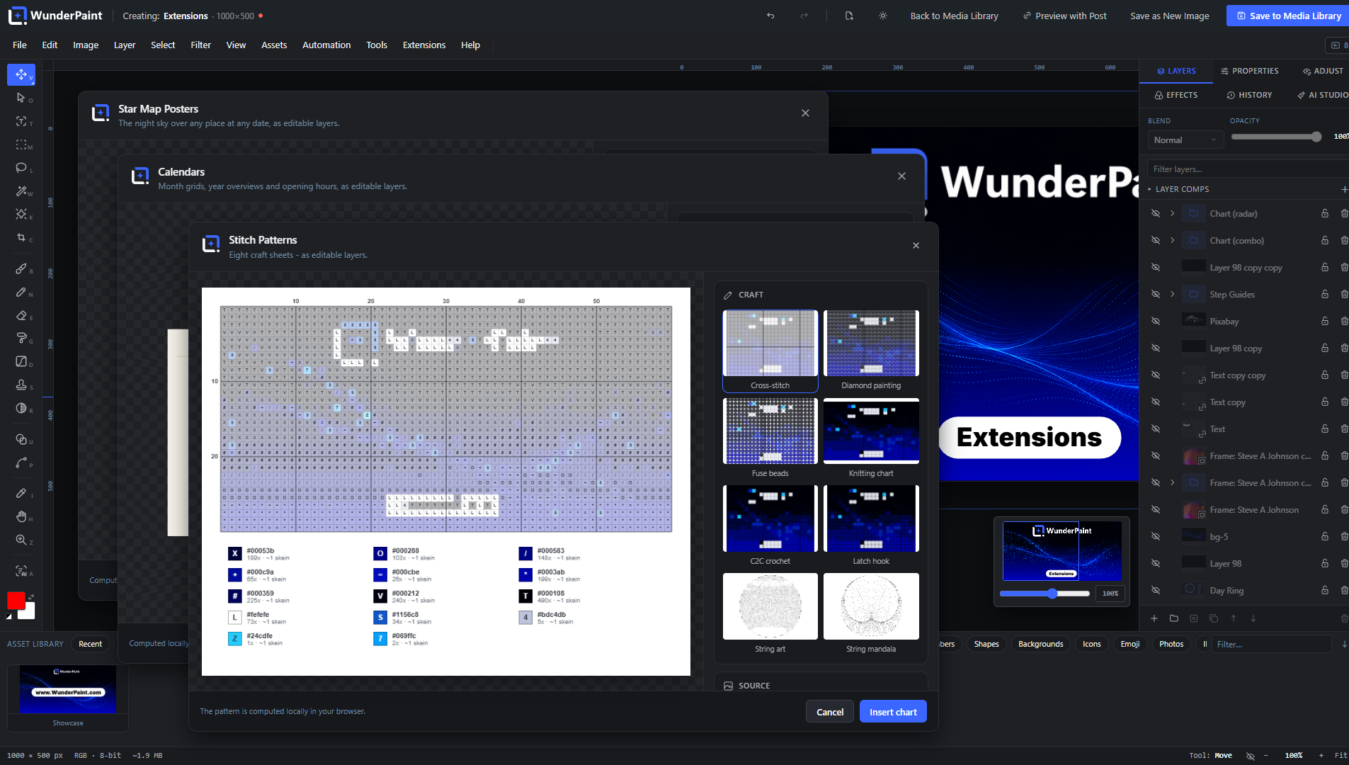 Built-in extension studios like Star Map Posters, Calendars and Stitch Patterns - each one a complete studio inside the editor.
