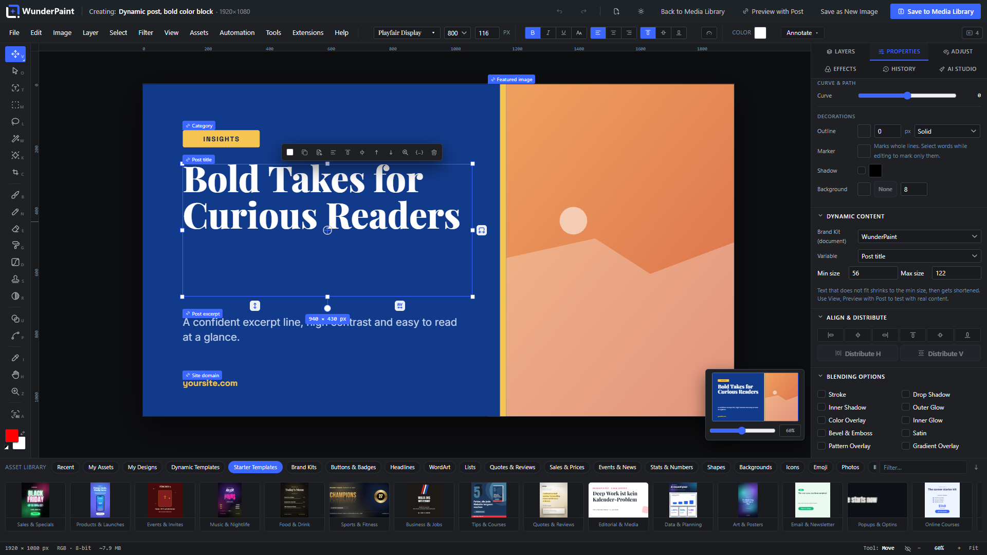 Dynamic templates: layers bound to post title, prices and fields, previewed against real content.