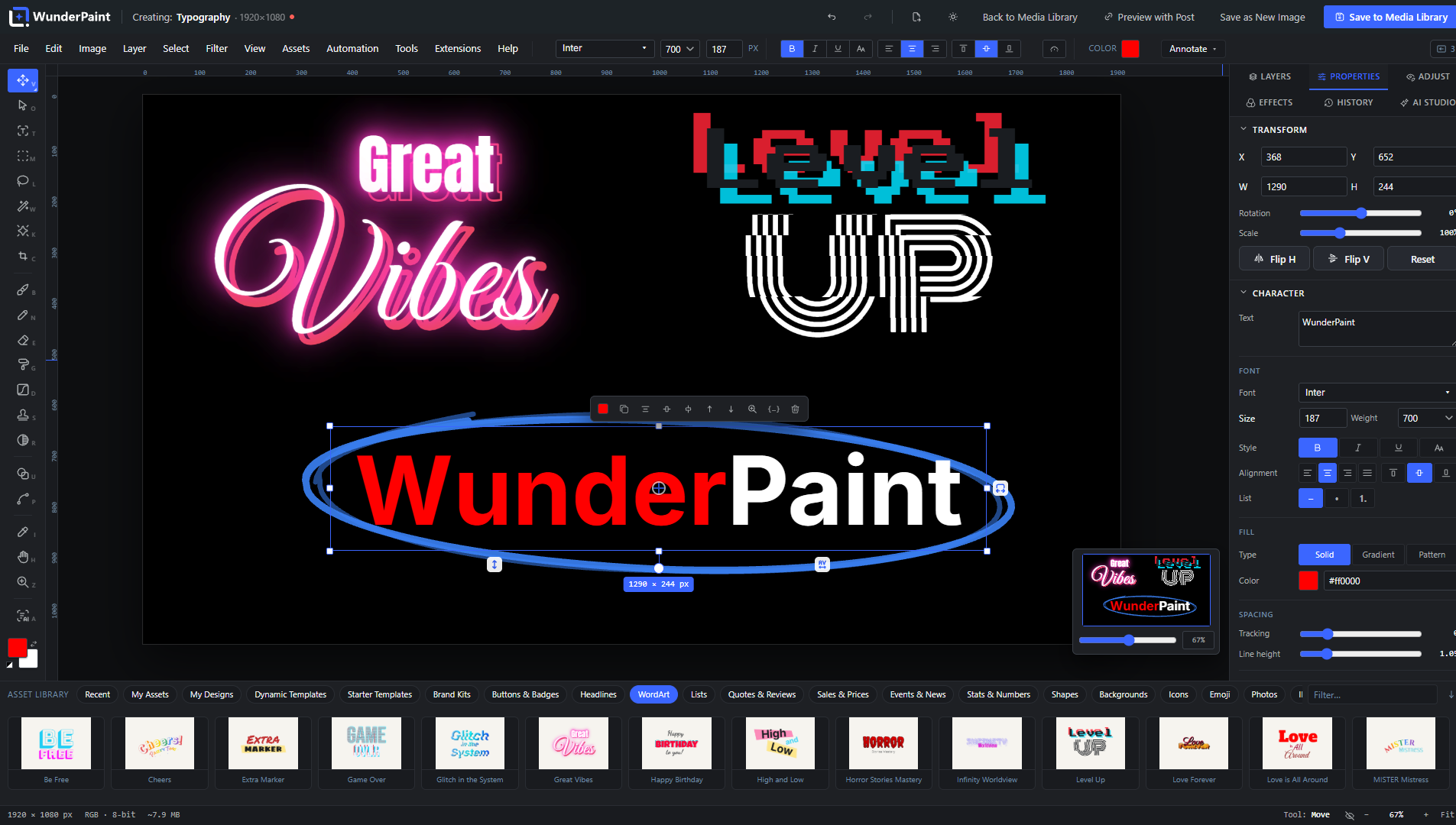 Per-letter typography, curved text and WordArt lockups.