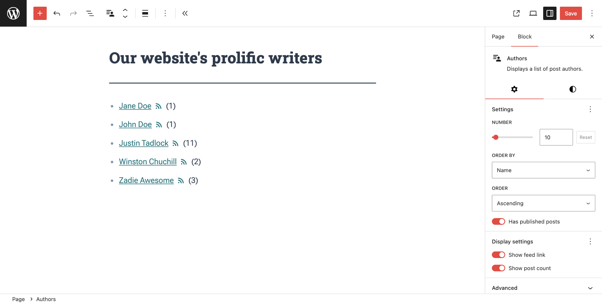 Editing the Authors block.