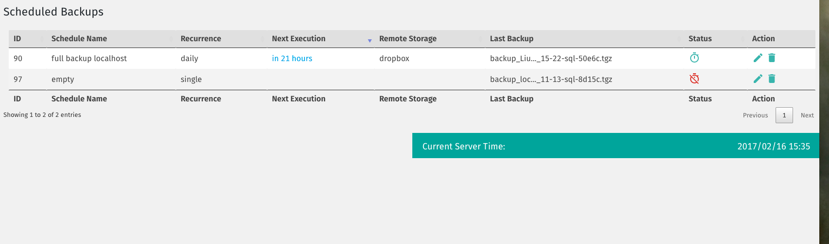 Manage Scheduled Backups Panel