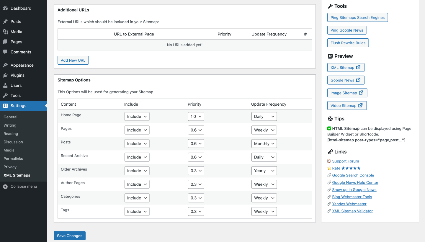 Sitemap Options