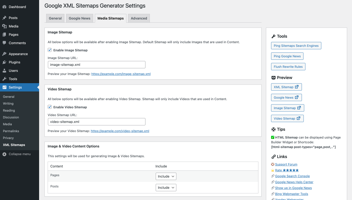 Media Sitemaps Settings