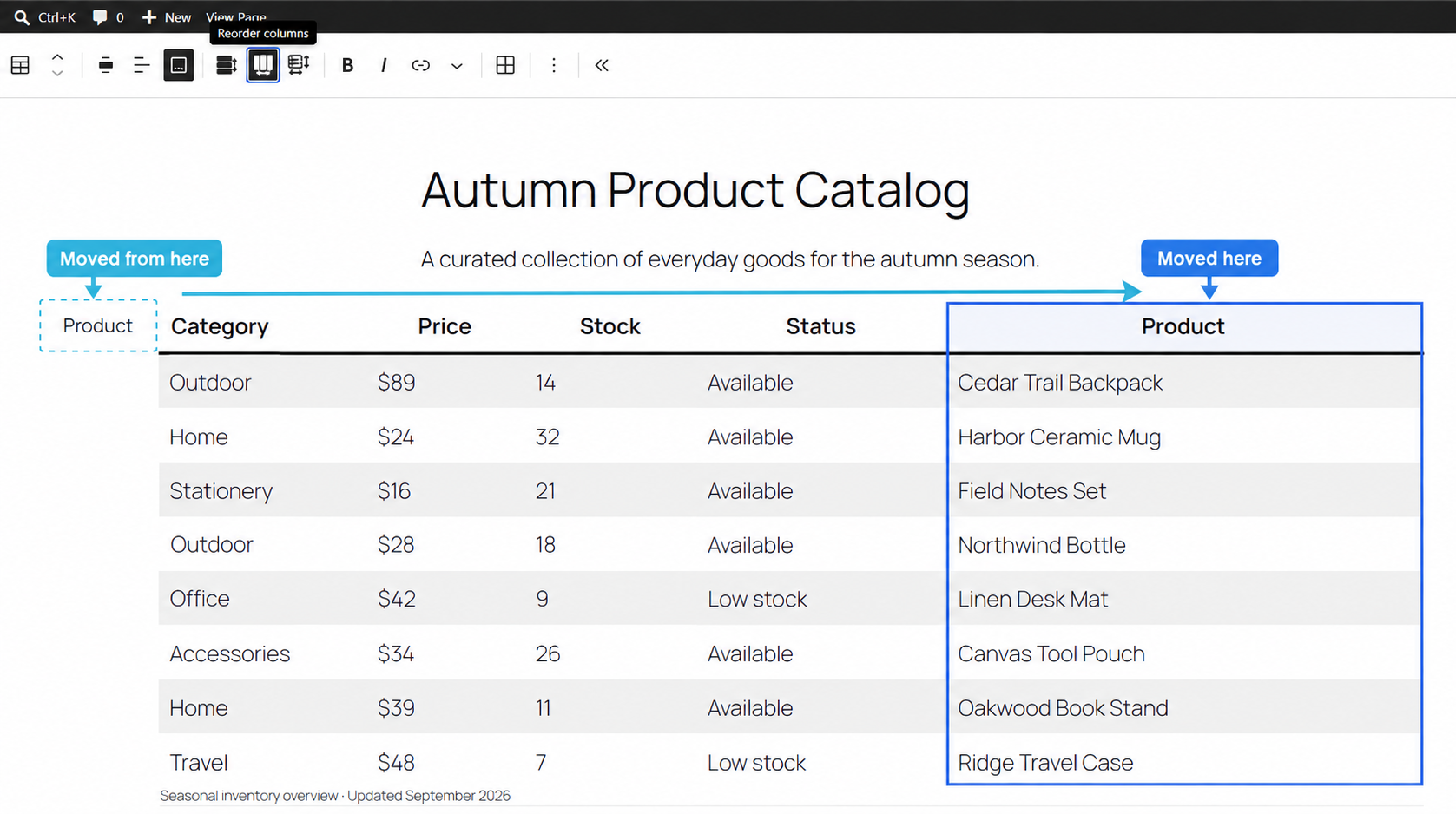 Column Reordering changes the order of table columns directly in the WordPress block editor.