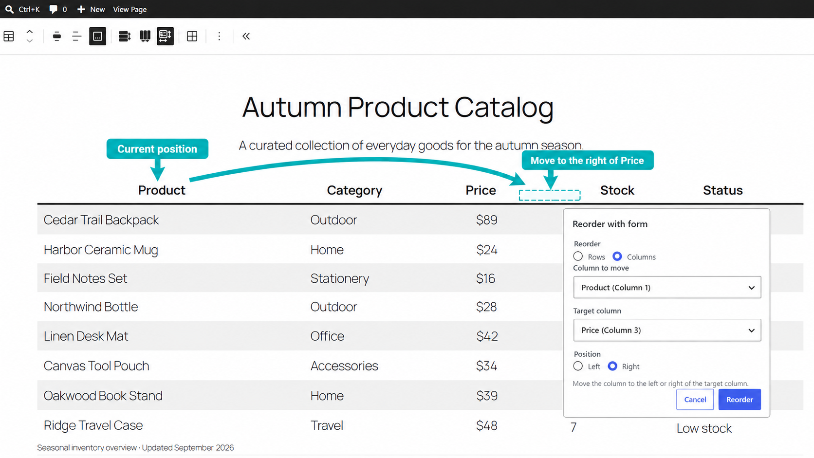 Reorder Without Drag-and-Drop moves a row or column with Reorder with form by selecting the source, destination, and destination side.