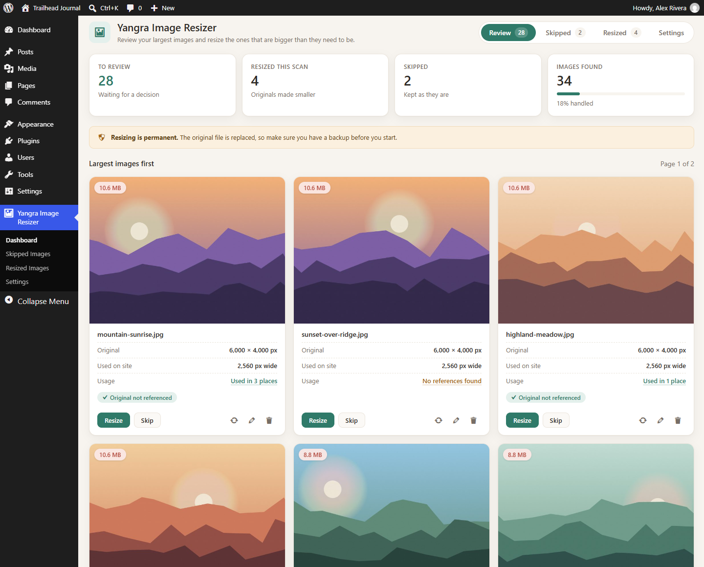 Review page with the largest images first, file sizes and usage