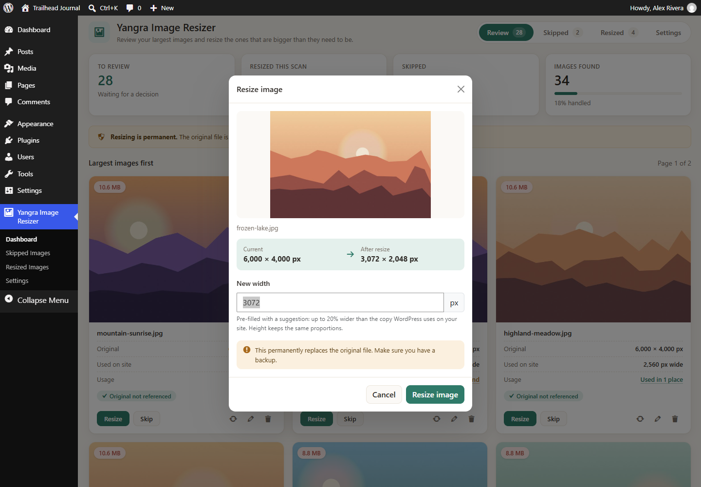 Resizing an image with a preview of the new dimensions