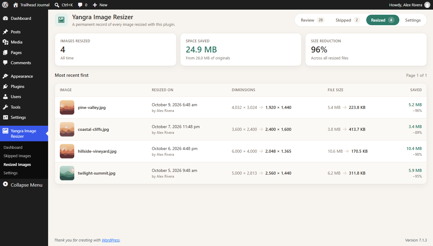 Resize history with space saved