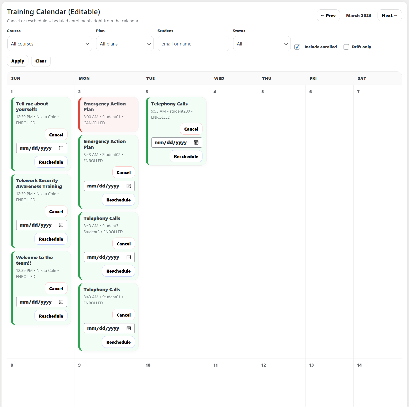 Centralized Training Calendar with scheduled course visibility