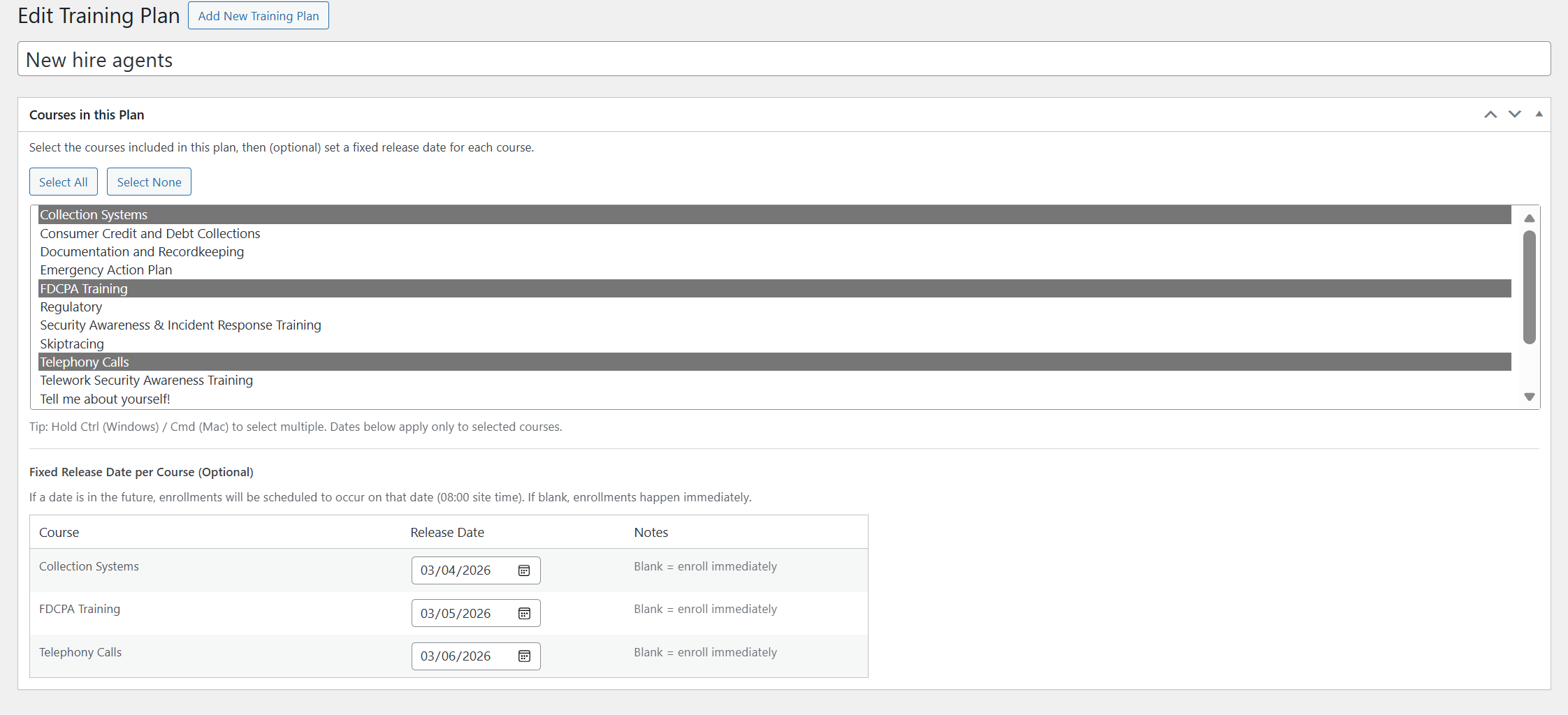 Structured Training Plan builder for multi-course programs