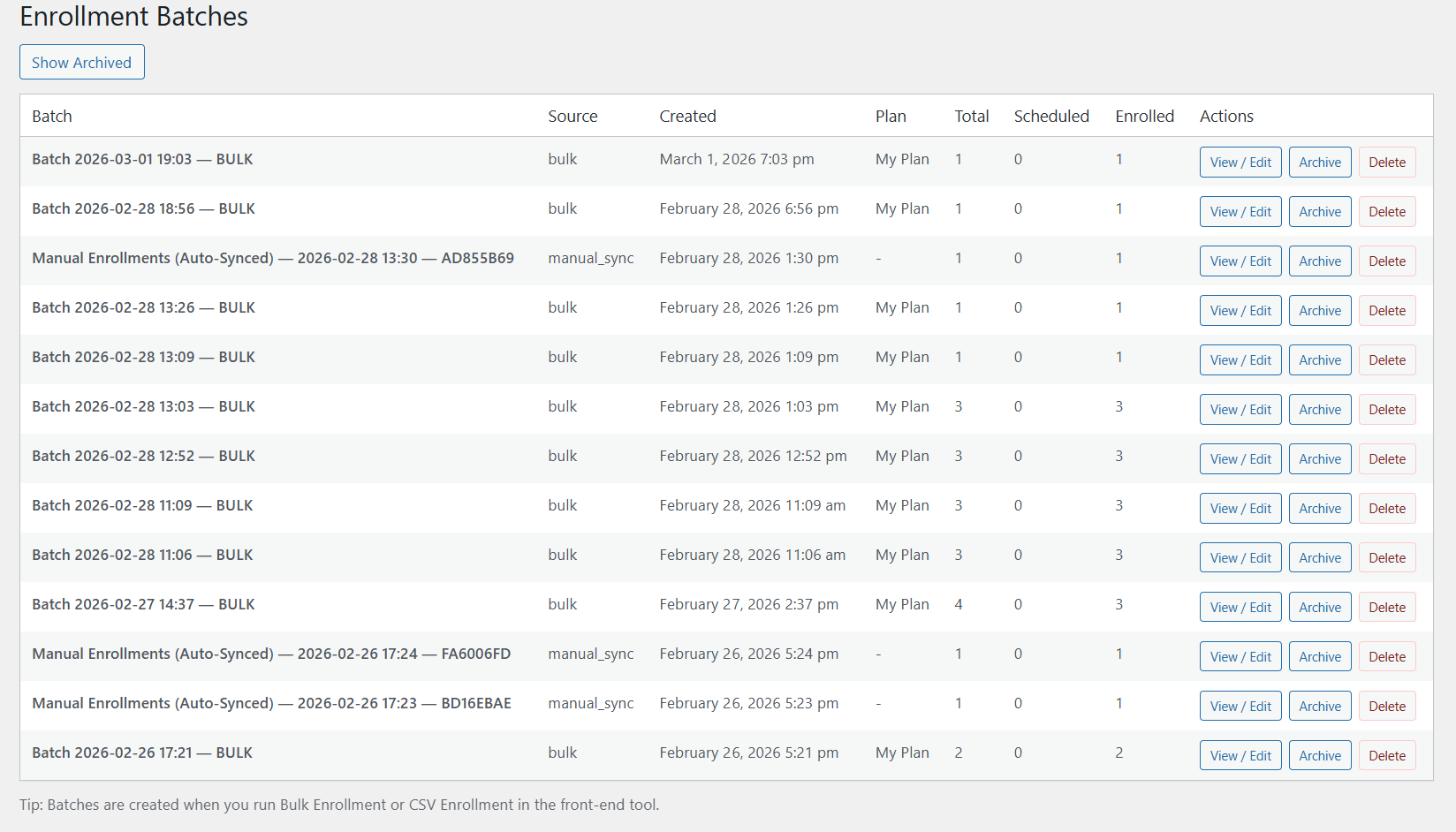 Enrollment Batches dashboard for operational tracking