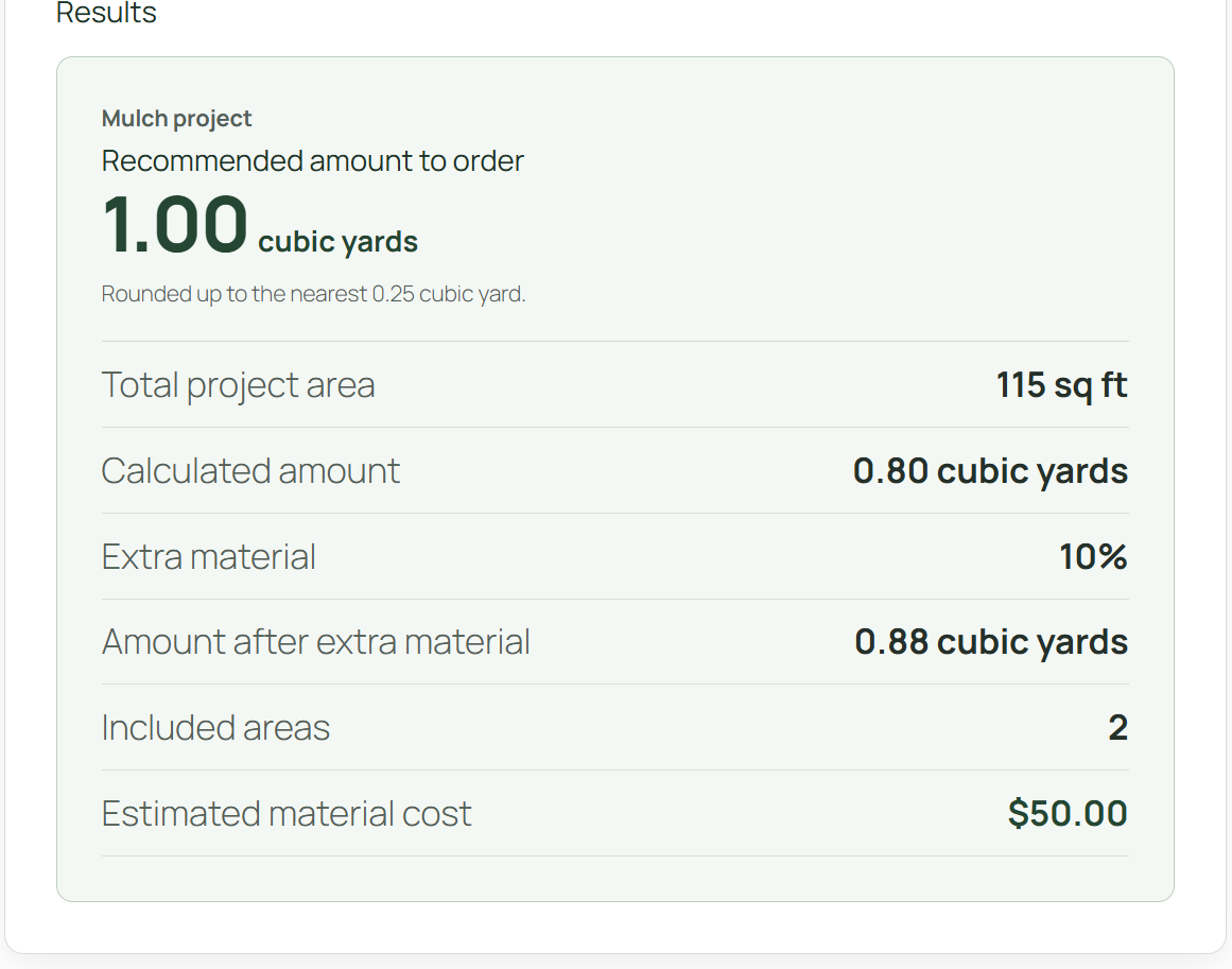 View the calculated material amount, Extra material allowance, recommended order quantity, and optional estimated cost.