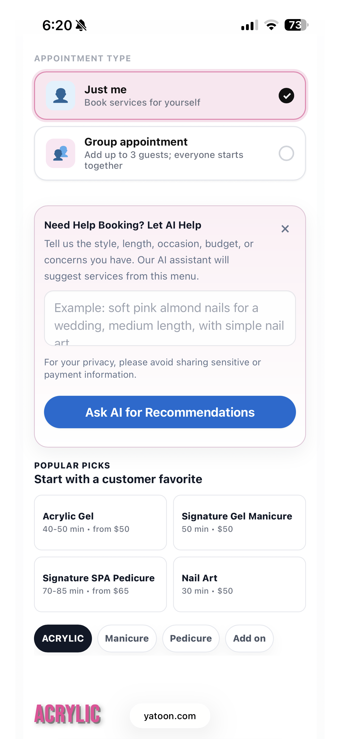 Multi-step booking form with animated progress bar and service summary