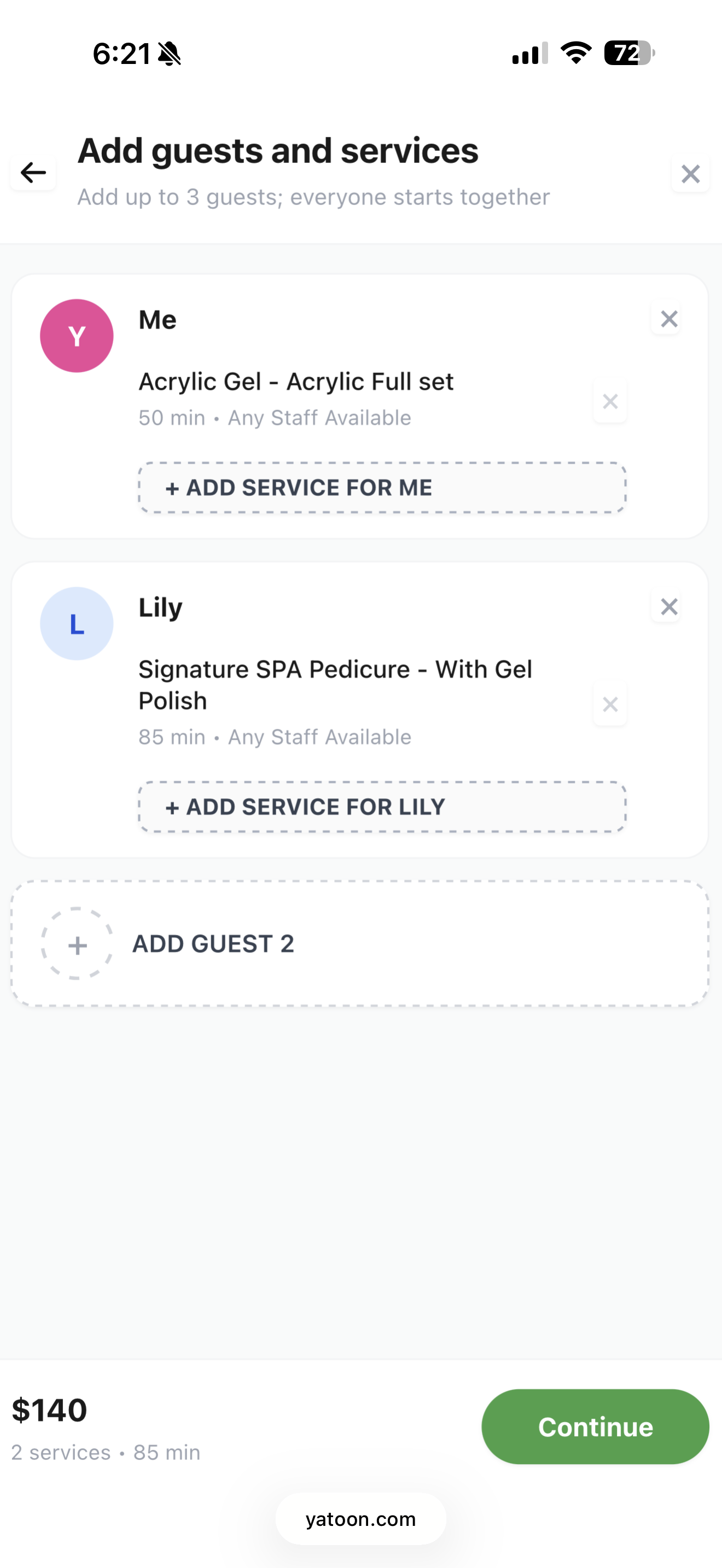 Restaurant-style service menu with category filter tabs
